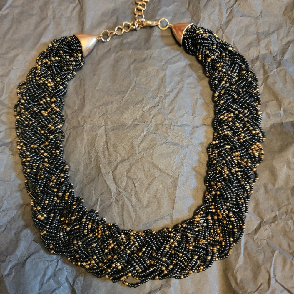 Black and Gold Bead Braided Collar Necklace